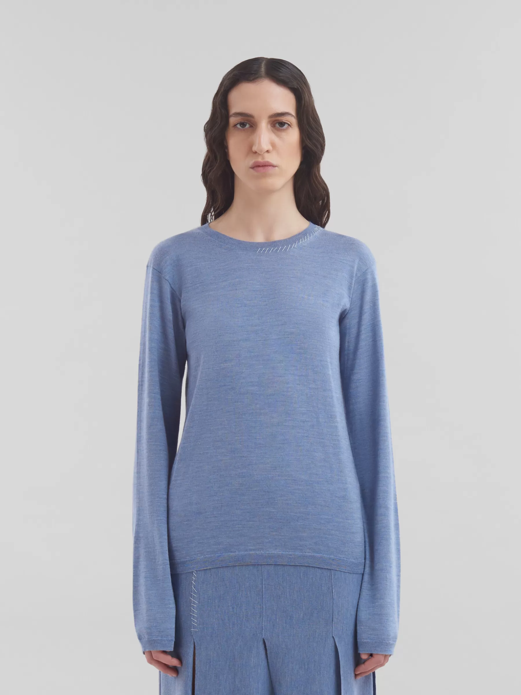 Marni Blue Wool-silk Crew-neck Jumper With Mending OPAL Flash Sale