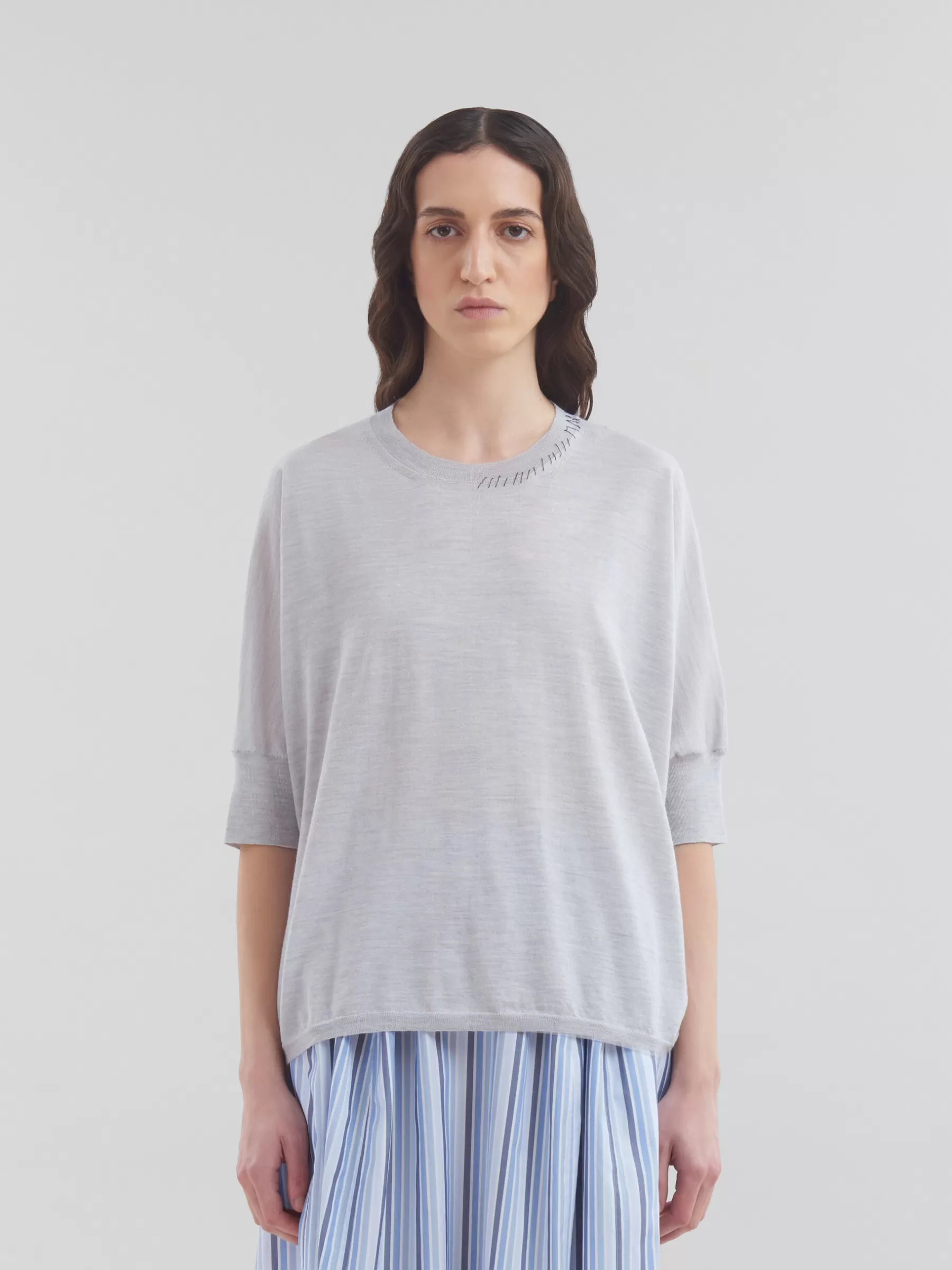 Marni Blue Wool-silk Half-sleeve Jumper With Mending SODIUM Store