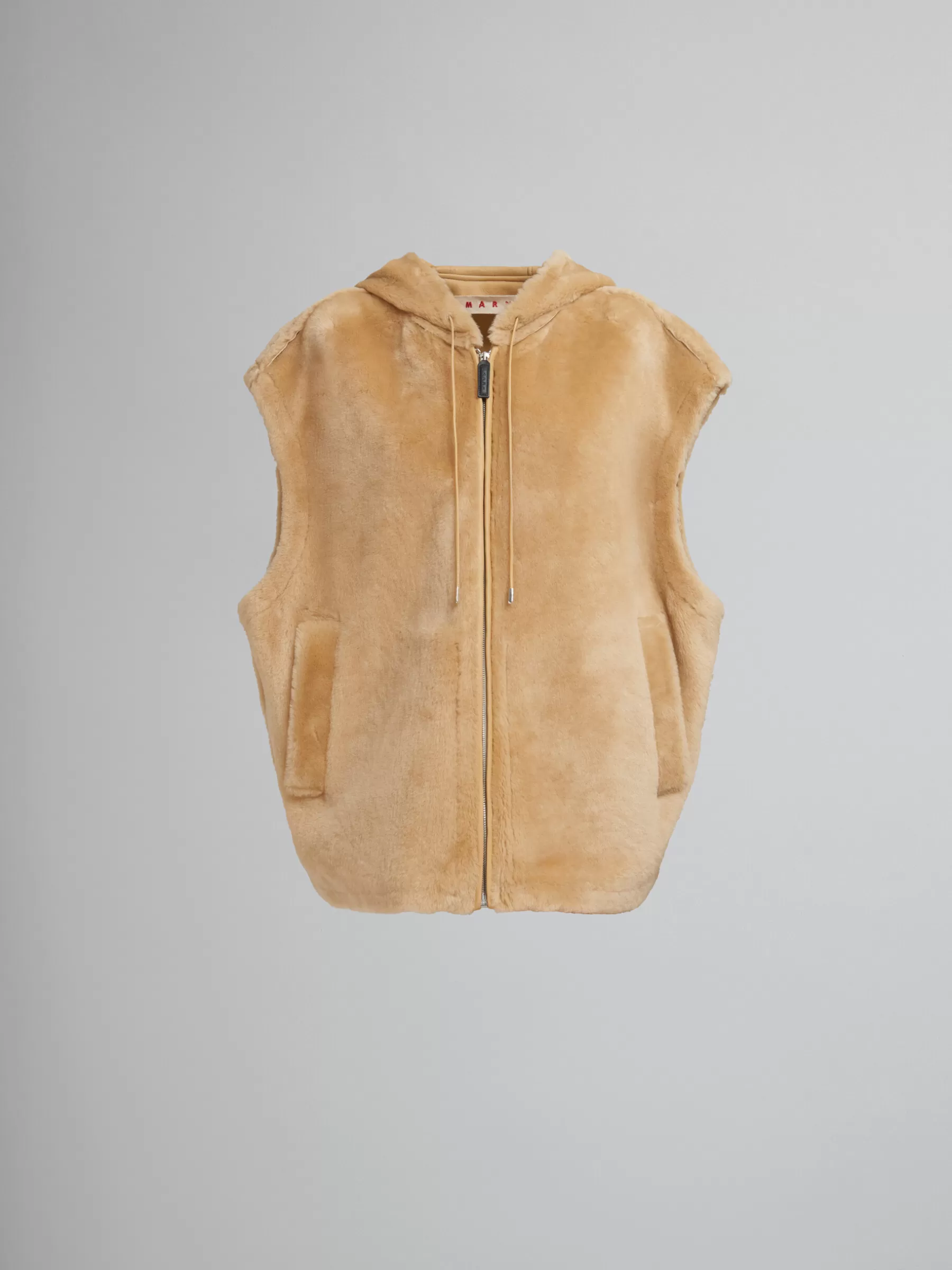 Marni Brown Shaved Shearling Hooded Gilet NOMAD/BEIGE Cheap