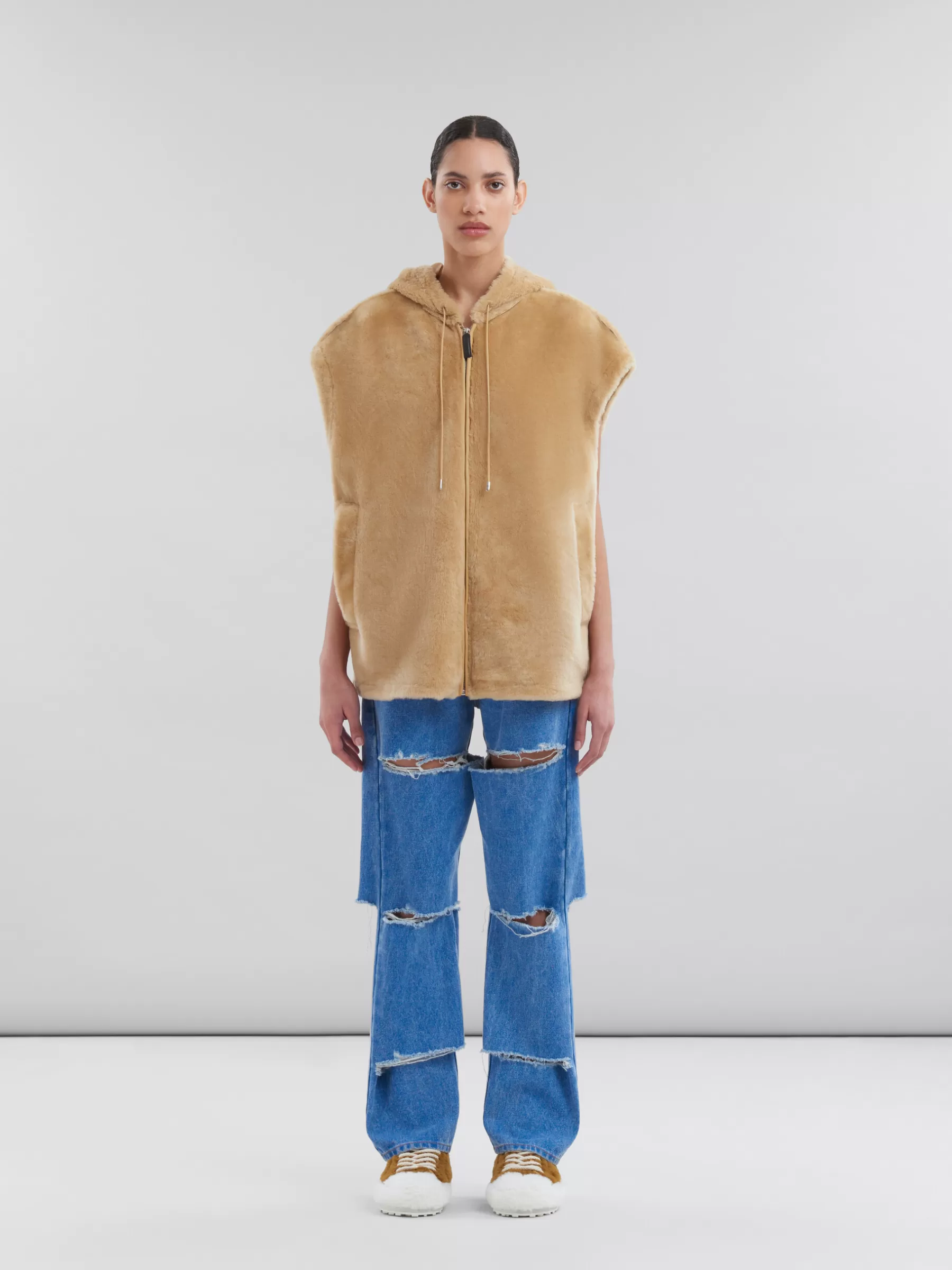 Marni Brown Shaved Shearling Hooded Gilet NOMAD/BEIGE Cheap