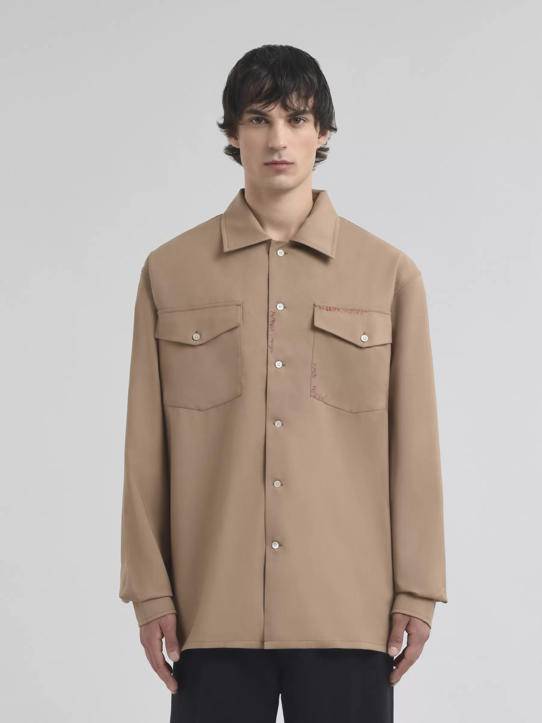Marni Brown Tropical Wool Shirt With Mending BISCUIT Cheap