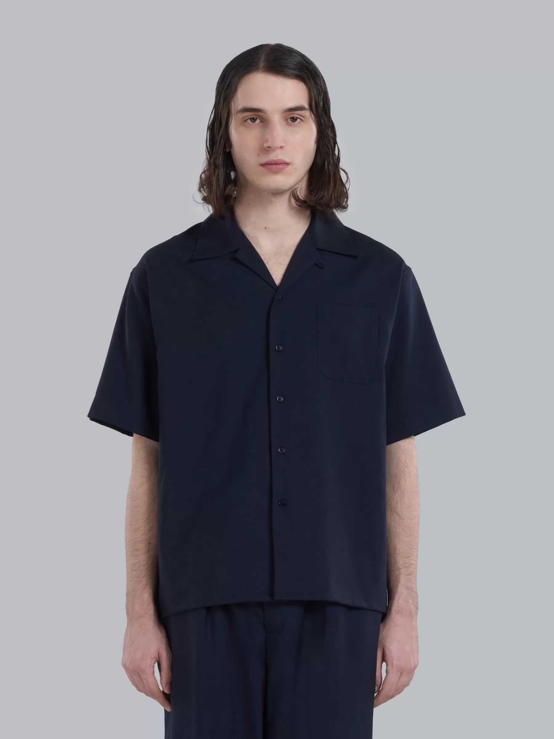 Marni Dark Blue Tropical Wool Bowling Shirt BLUBLACK Discount