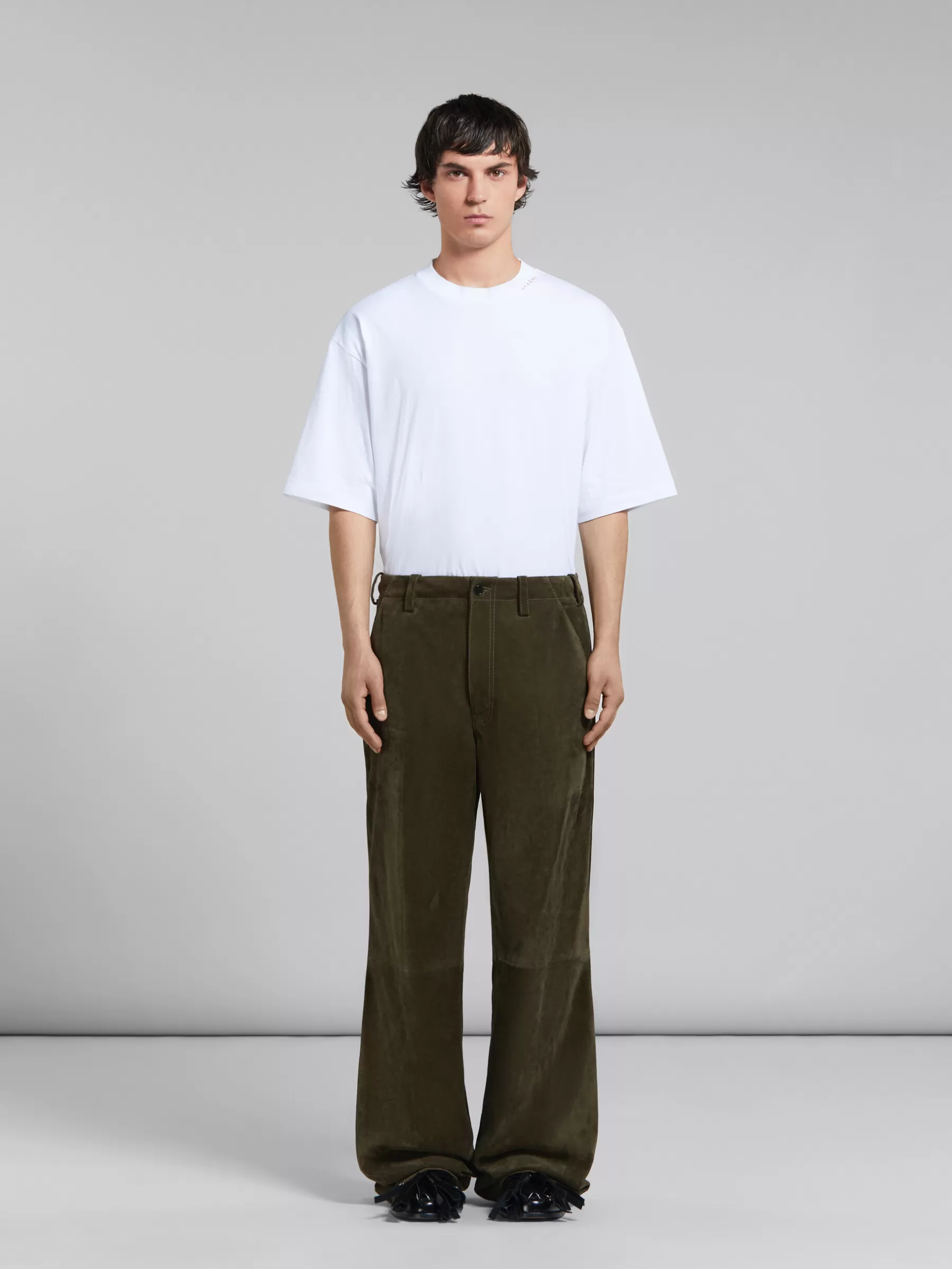 Marni Green Compact Suede Trousers DARKOLIVE Clearance