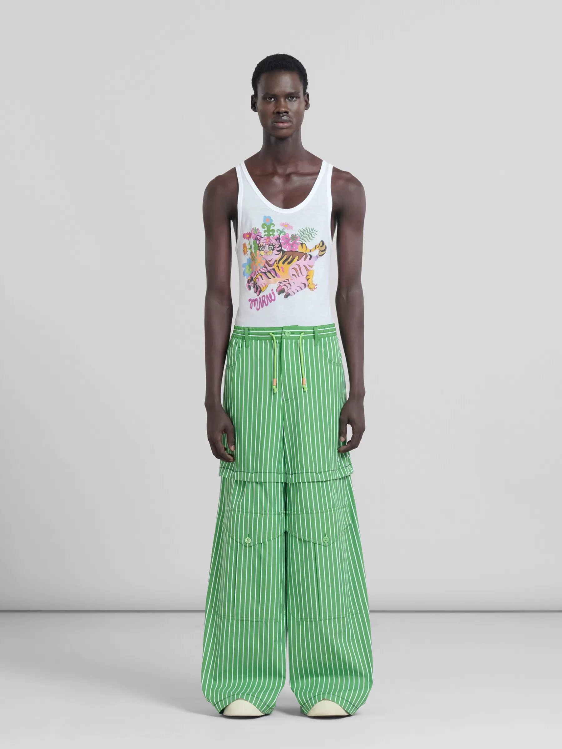 Marni Green Striped Organic Poplin Hybrid Cargo Pants MILLET Outlet