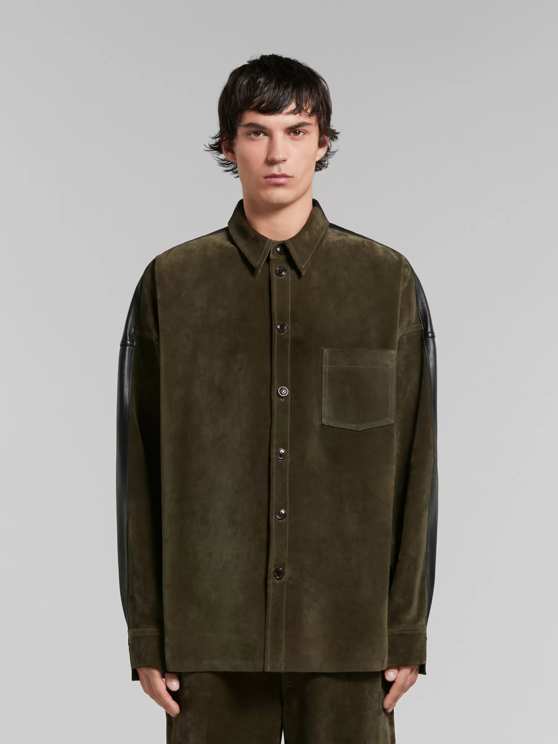 Marni Green Suede Shirt With Leather Back DARKOLIVE Hot