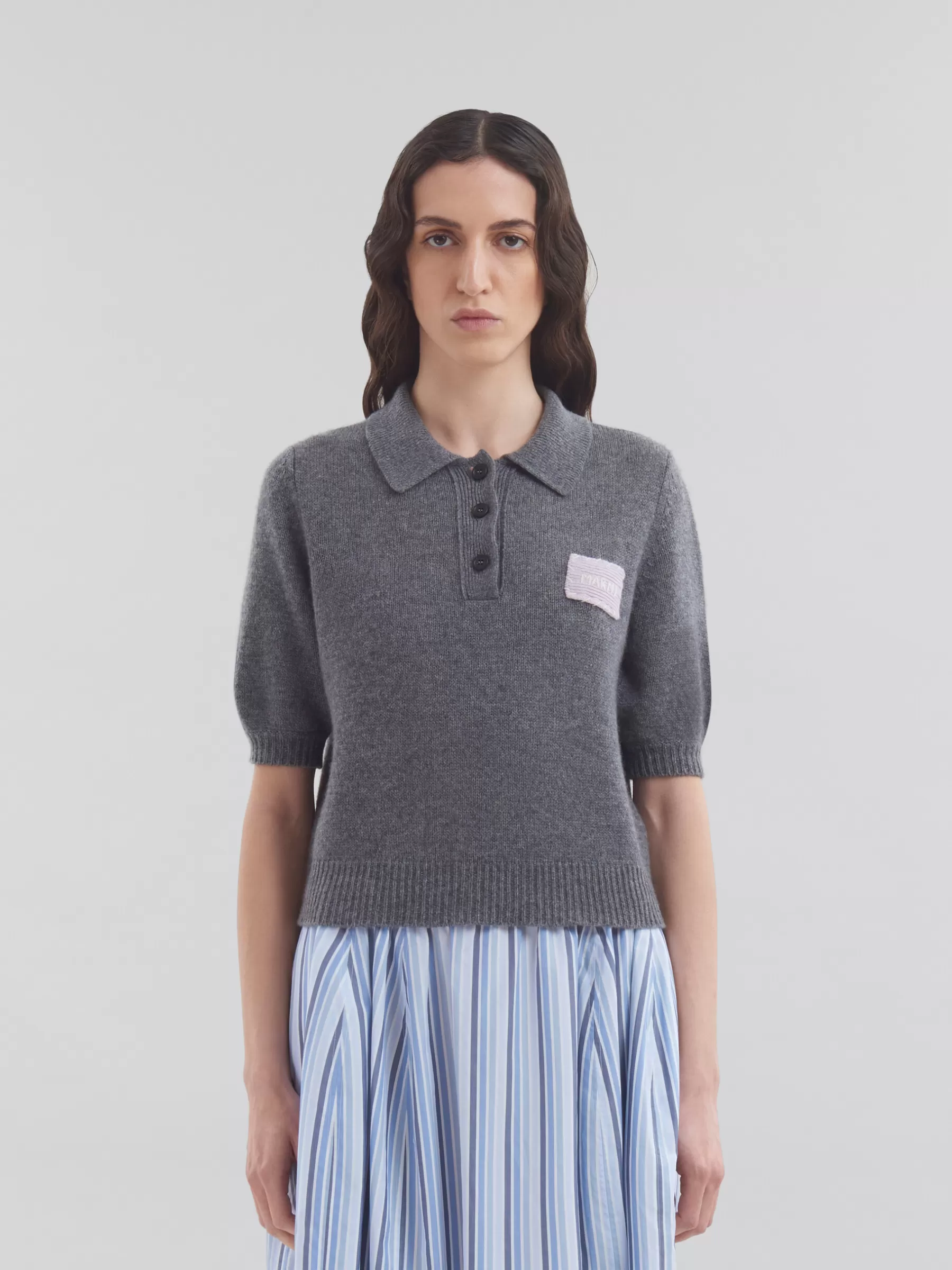 Marni Grey Cashmere Polo Jumper With Patch GRAPHITE Cheap
