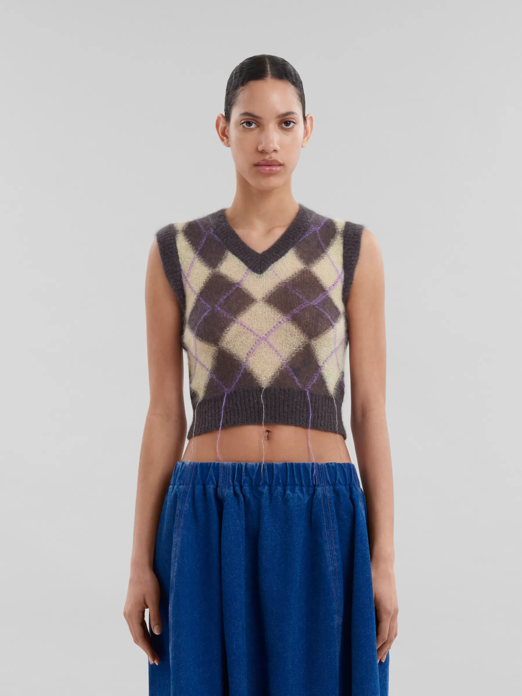 Marni Grey Mohair Argyle Vest With Floating Threads ENDIVE/PINK Discount