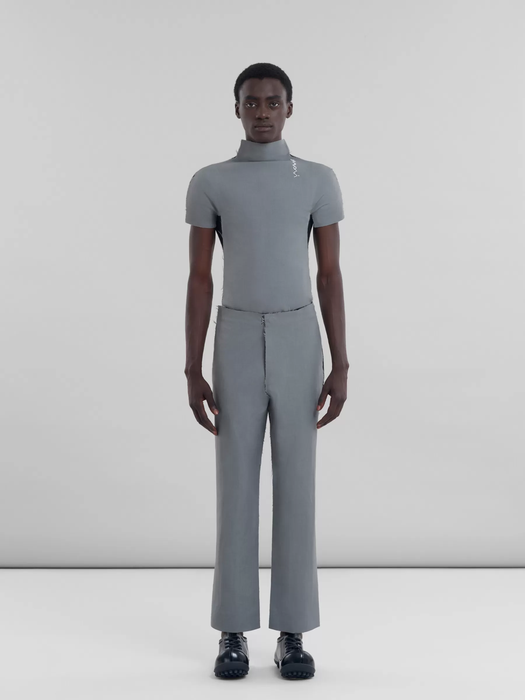 Marni Grey Wool Trousers With Contrasting Back TALC/THYME/WILD CHERRY New
