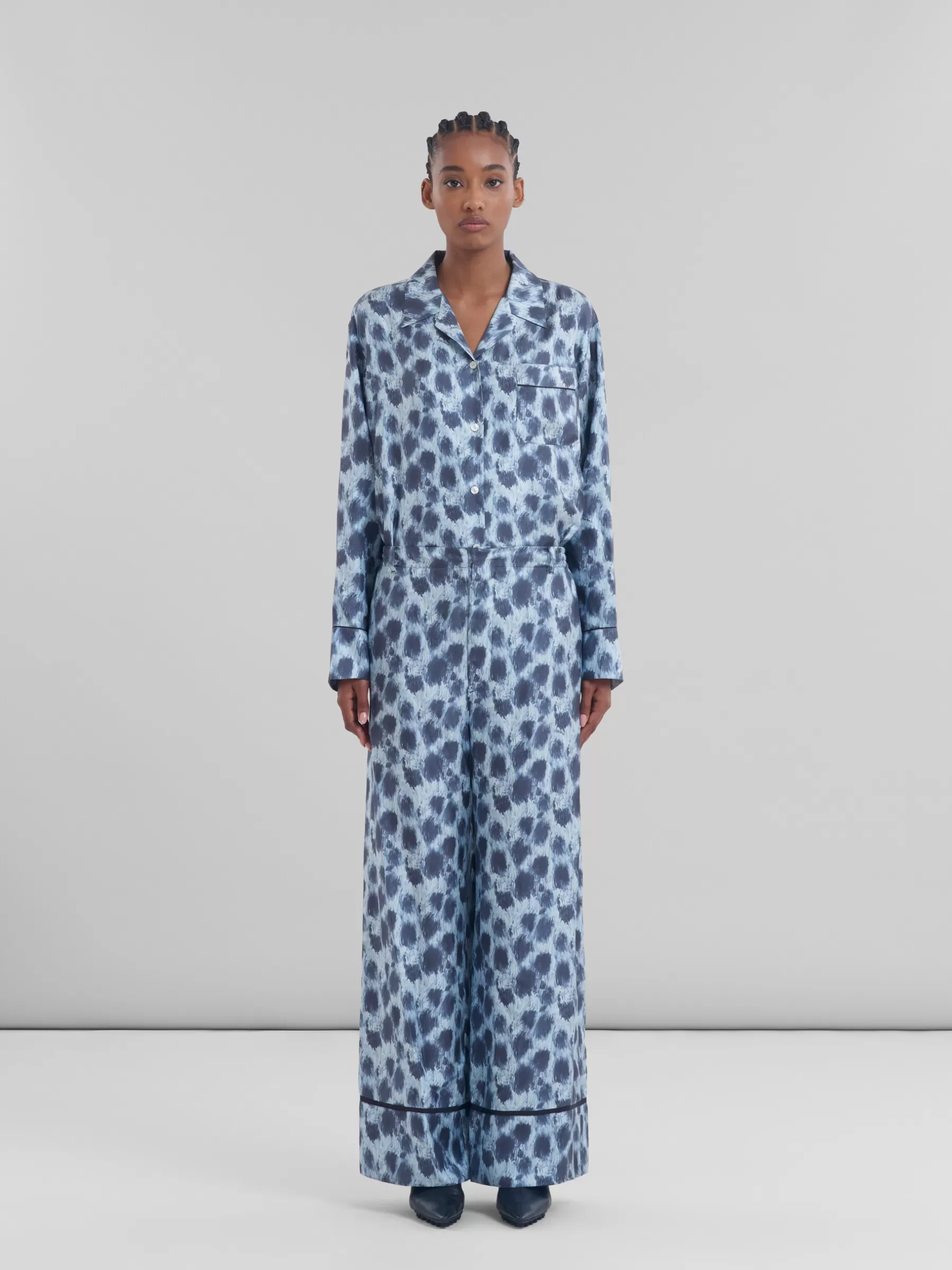 Marni Light Blue Silk Palazzo Trousers With Crayon Leopard Print ANTIQUE SILVER Discount