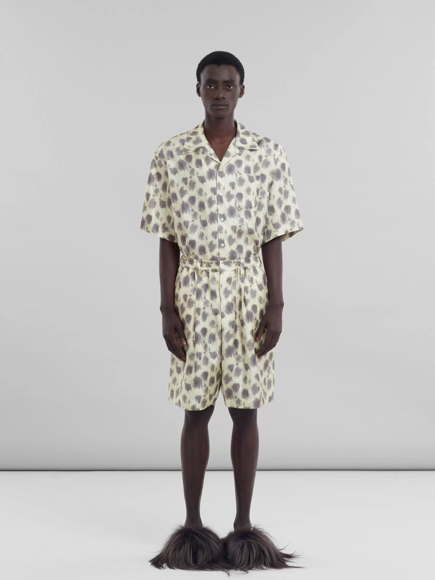 Marni Light Yellow Silk Bermuda Shorts With Crayon Leopard Prints LIGHTTOPAZ Outlet
