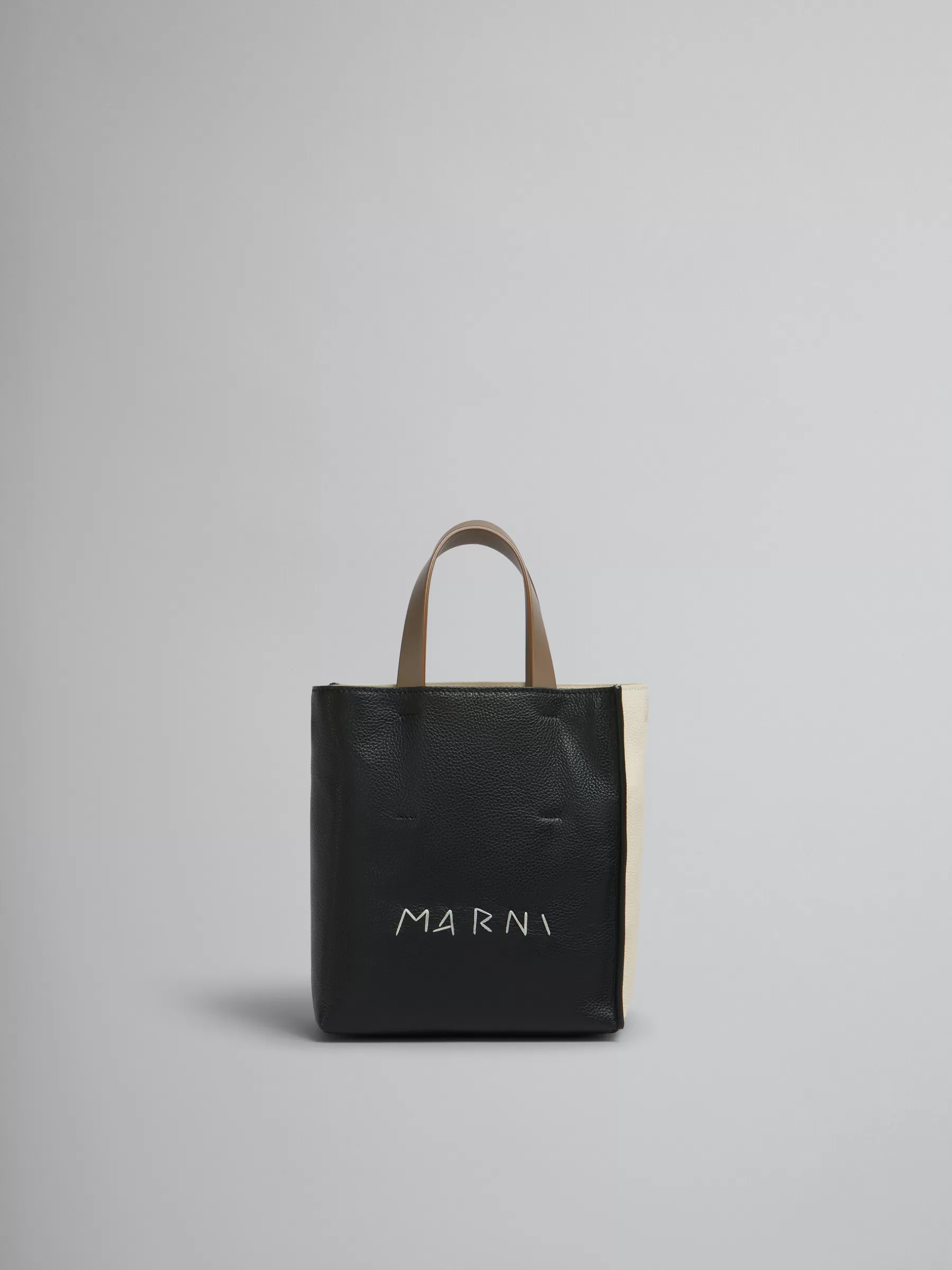 Marni Museo Soft Mini Bag In Black Cream And Brown Leather With Mending BLACK/SHELL/AGATE GREY New