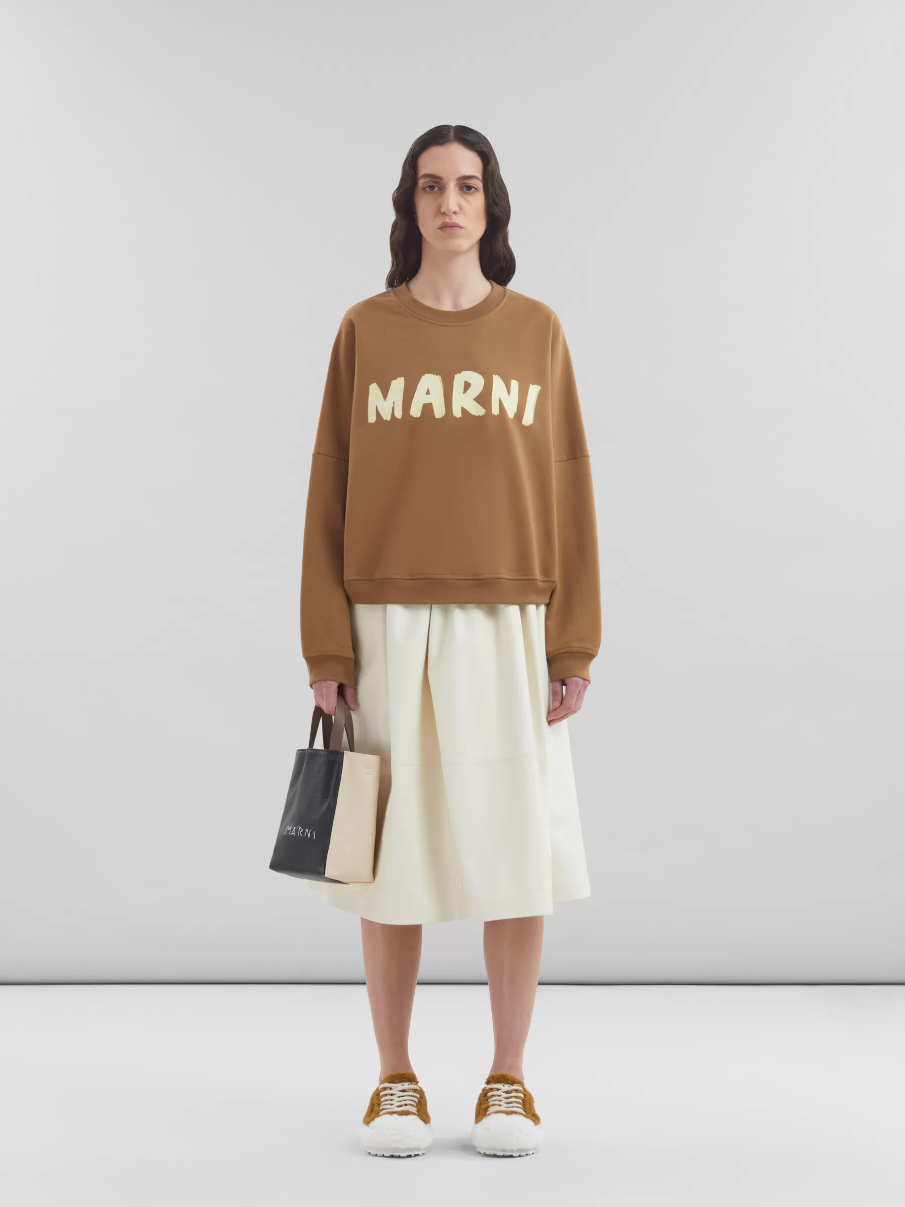 Marni Museo Soft Mini Bag In Black Cream And Brown Leather With Mending BLACK/SHELL/AGATE GREY New