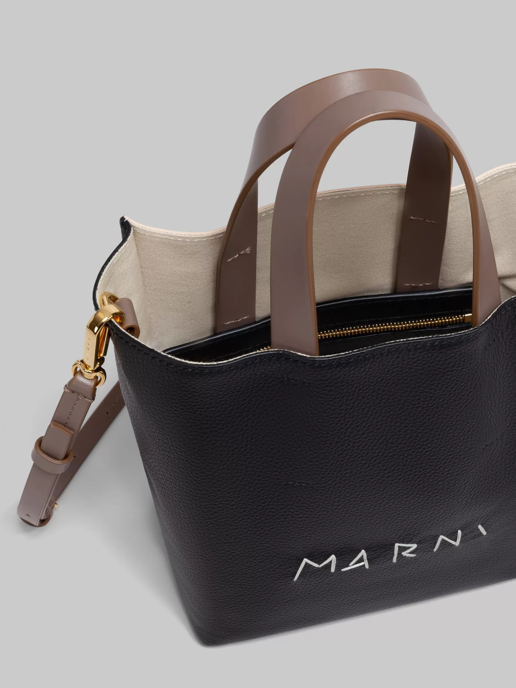 Marni Museo Soft Mini Bag In Black Cream And Brown Leather With Mending BLACK/SHELL/AGATE GREY New