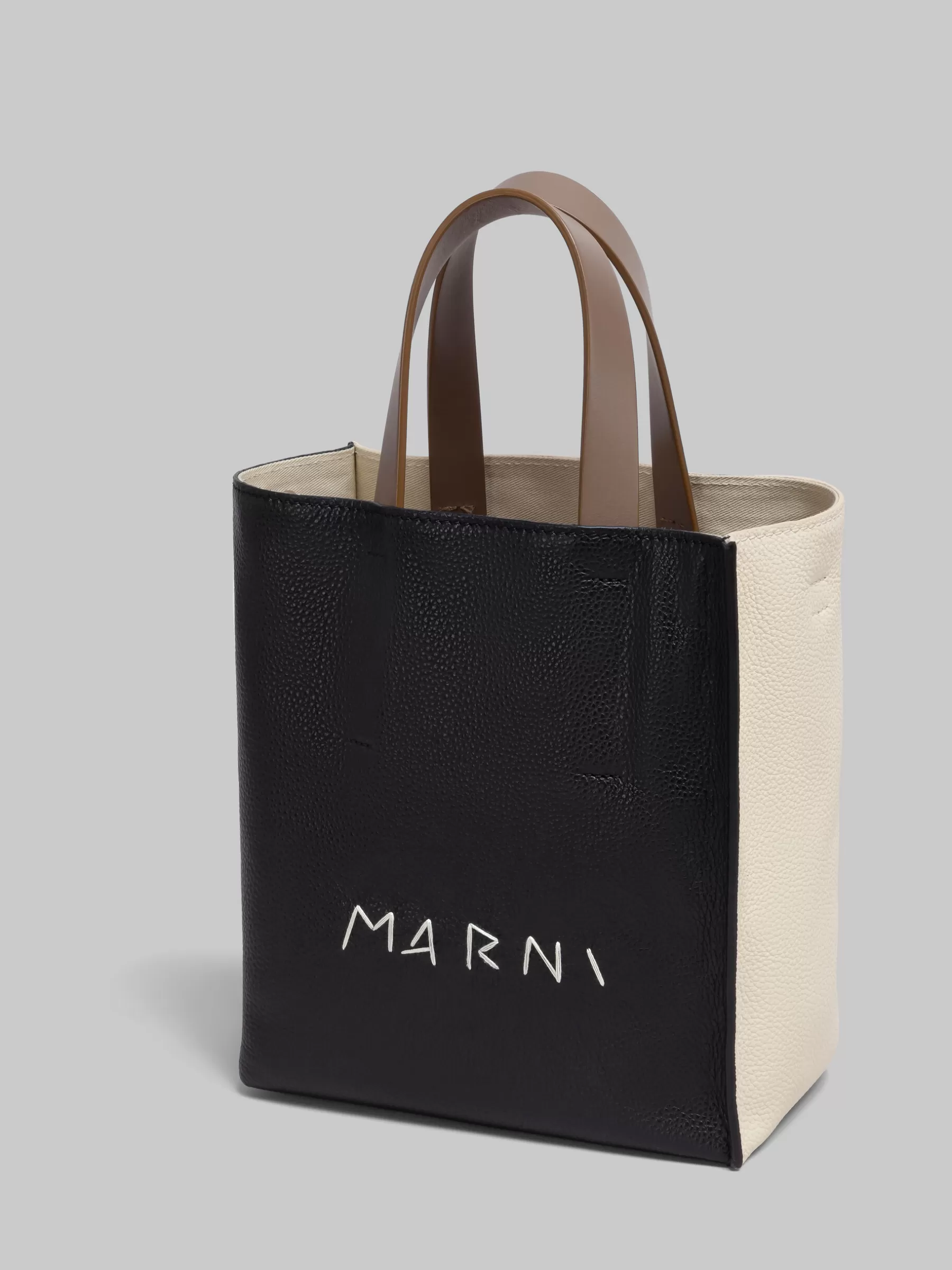 Marni Museo Soft Mini Bag In Black Cream And Brown Leather With Mending BLACK/SHELL/AGATE GREY New