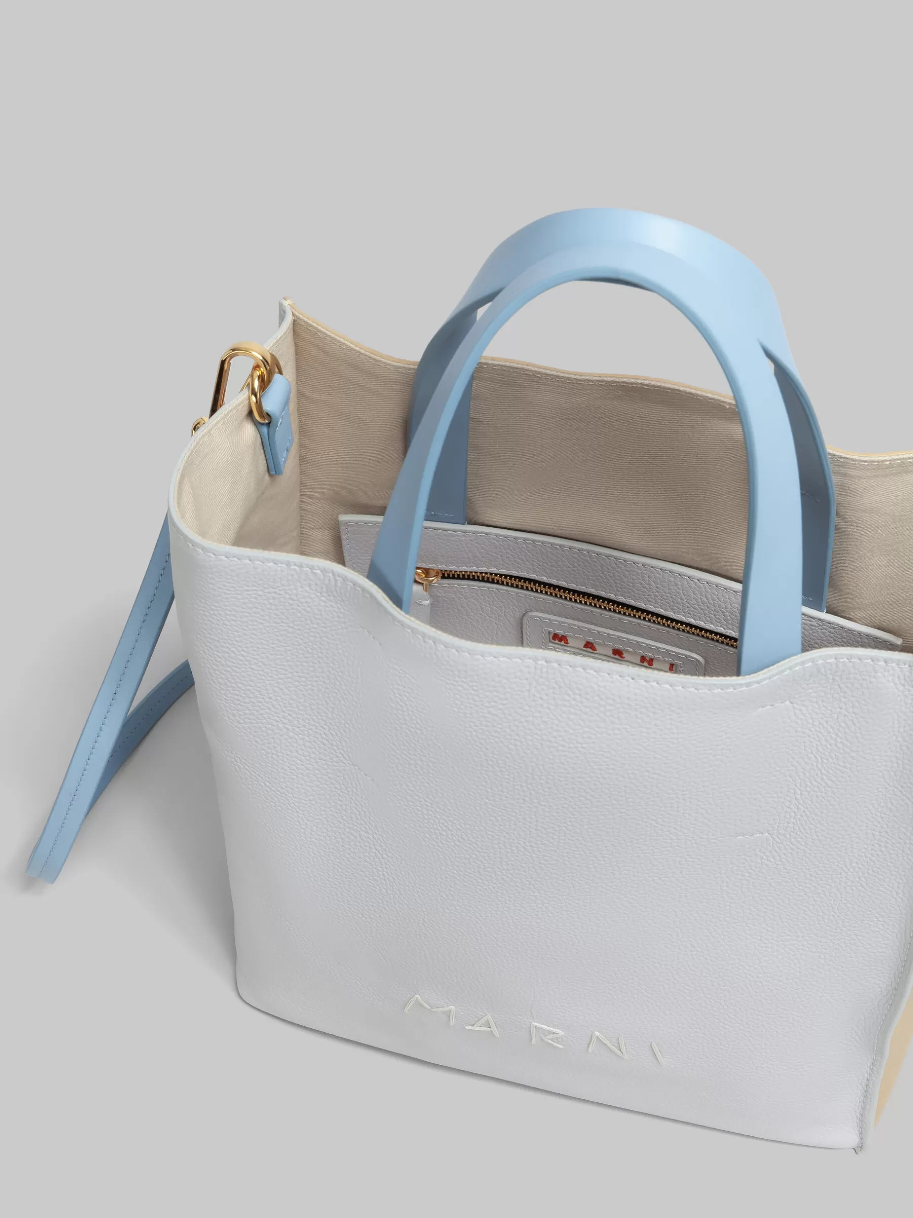 Marni Museo Soft Mini Bag In Grey Beige And Blue Leather With Mending SODIUM/NOMAD/DUSY BLUE Shop