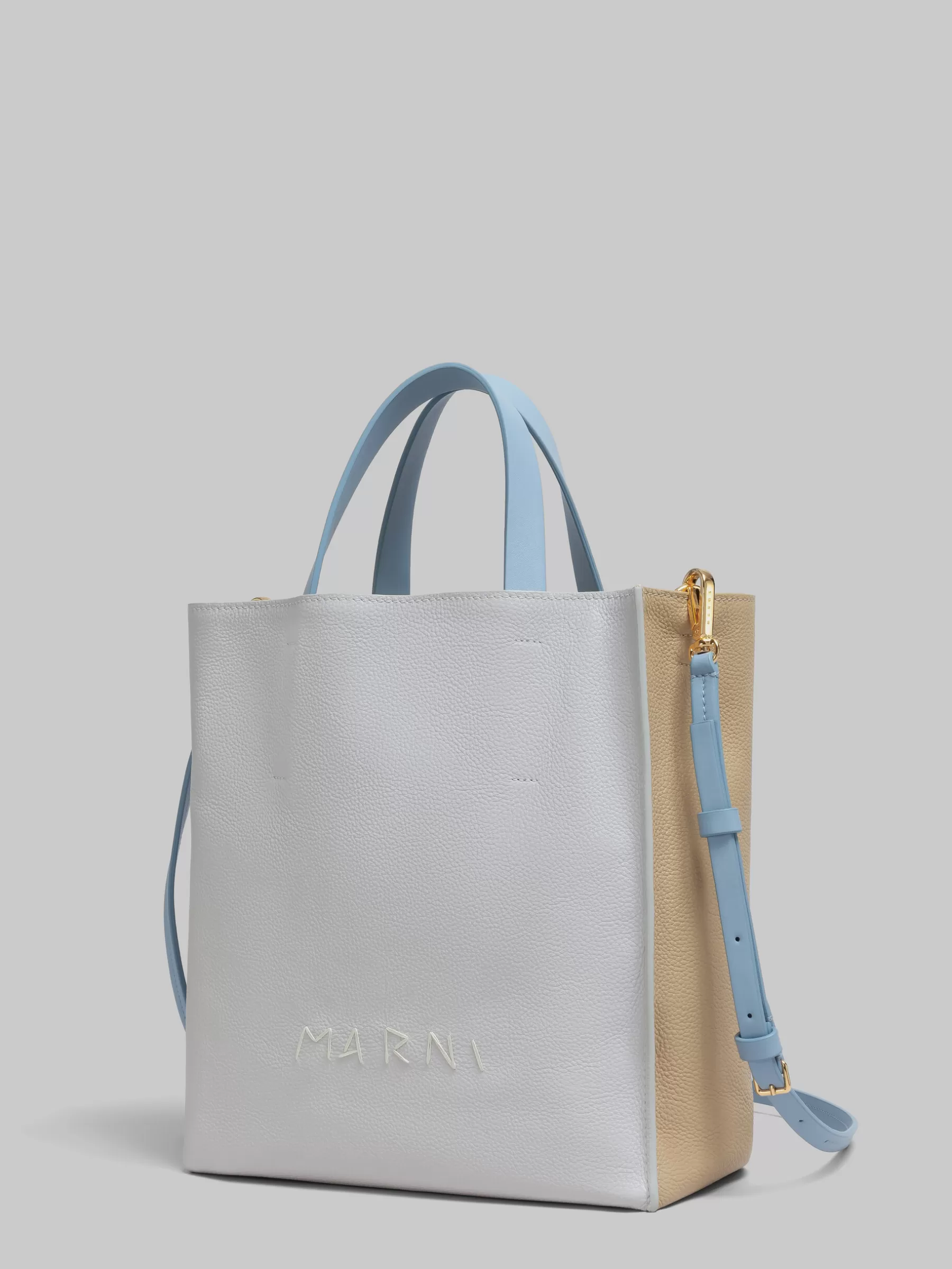 Marni Museo Soft Mini Bag In Grey Beige And Blue Leather With Mending SODIUM/NOMAD/DUSY BLUE Shop
