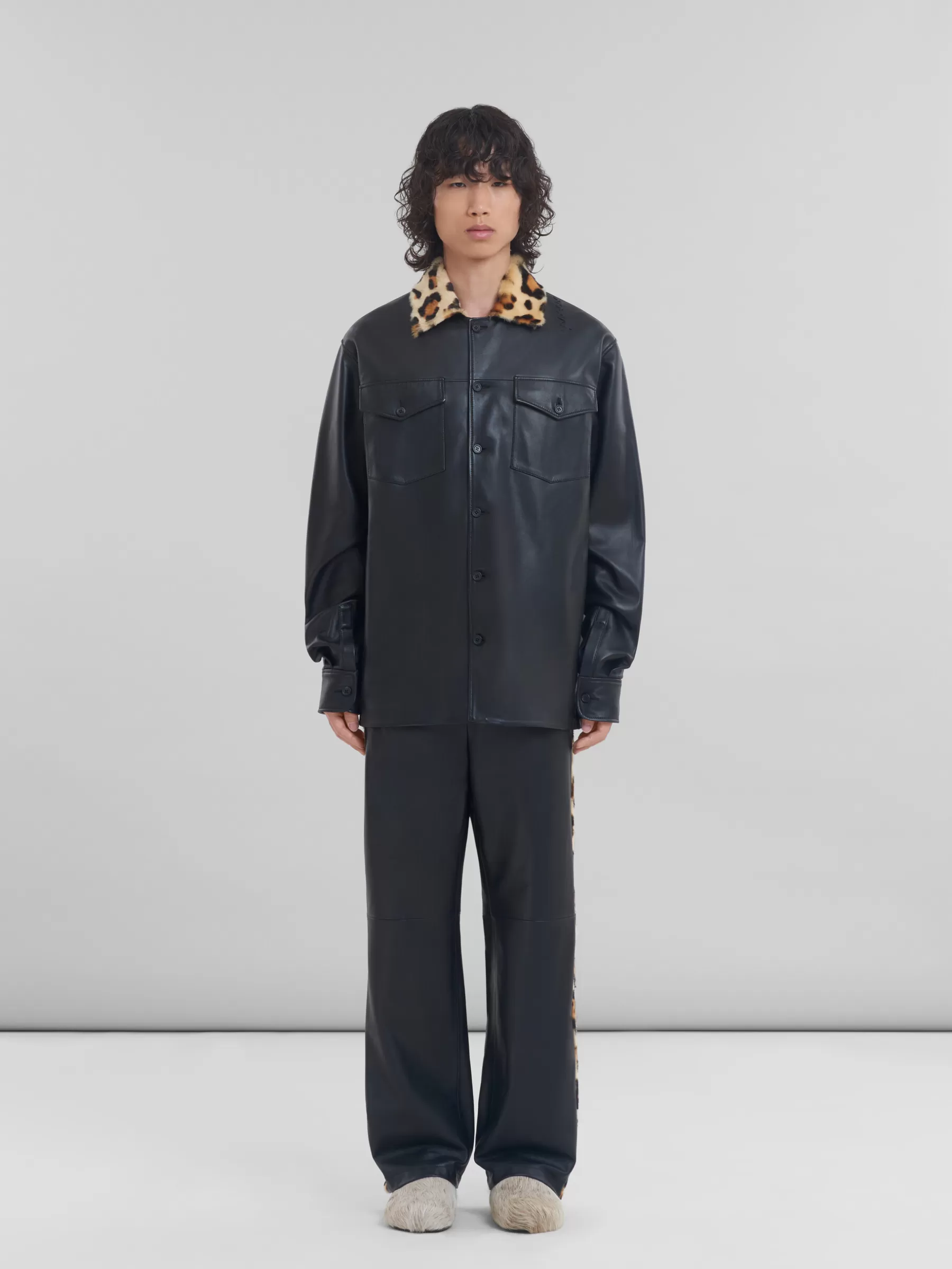 Marni Nappa Leather Shirt With Animalier Shearling Collar BLACK Best Sale