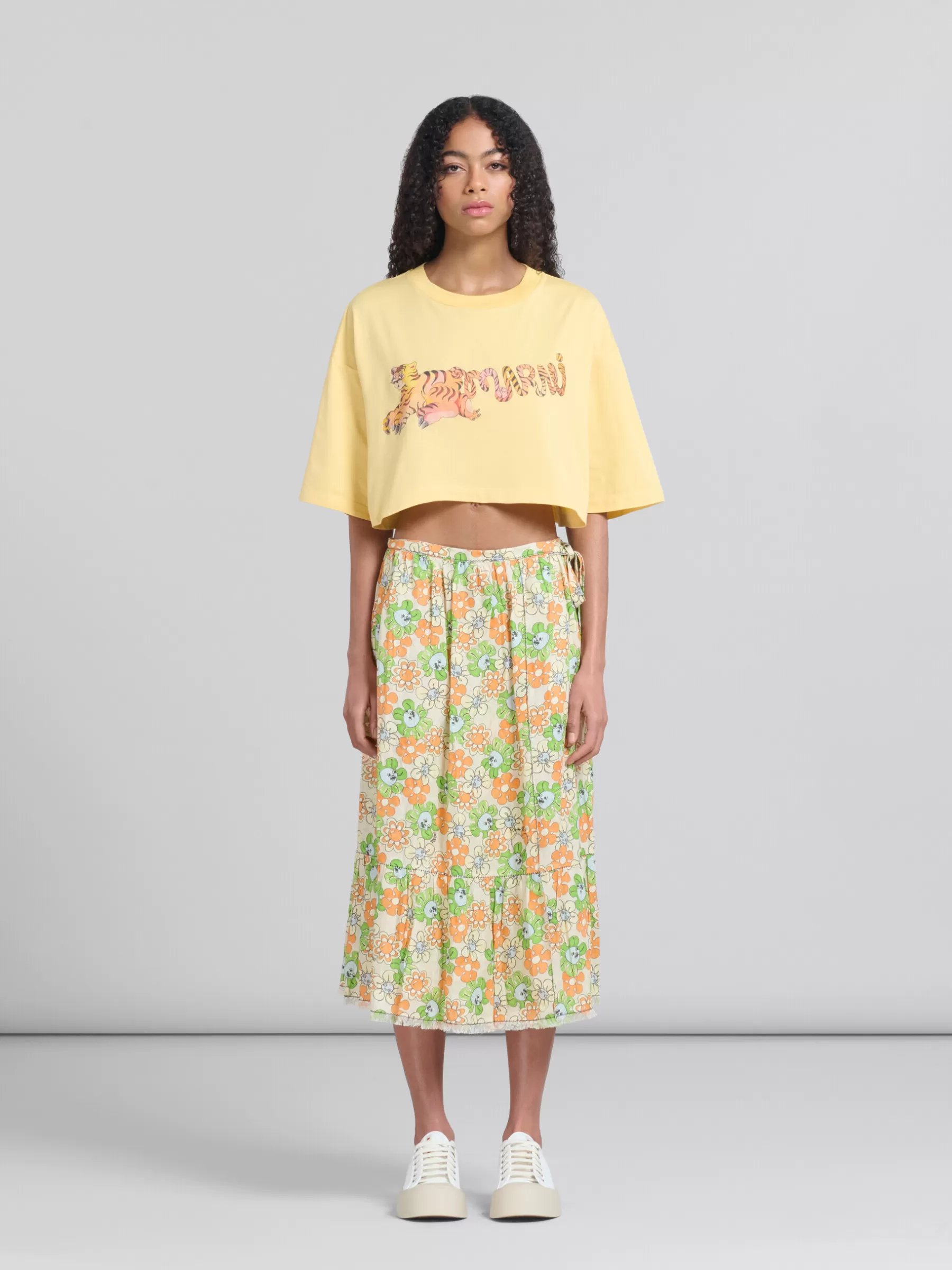 Marni Orange And Green Printed Linen Skirt With Flounce BONE Outlet