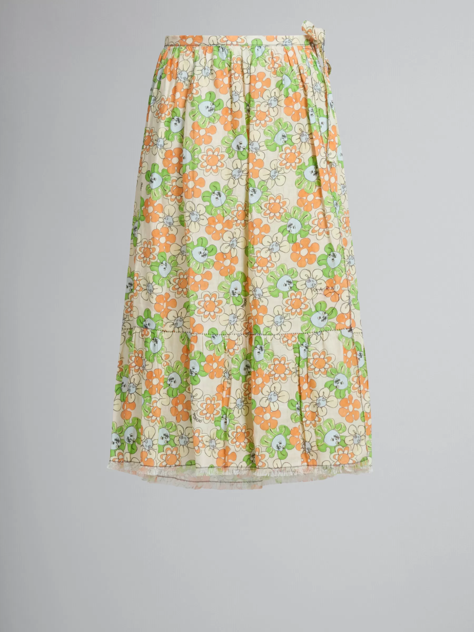 Marni Orange And Green Printed Linen Skirt With Flounce BONE Outlet