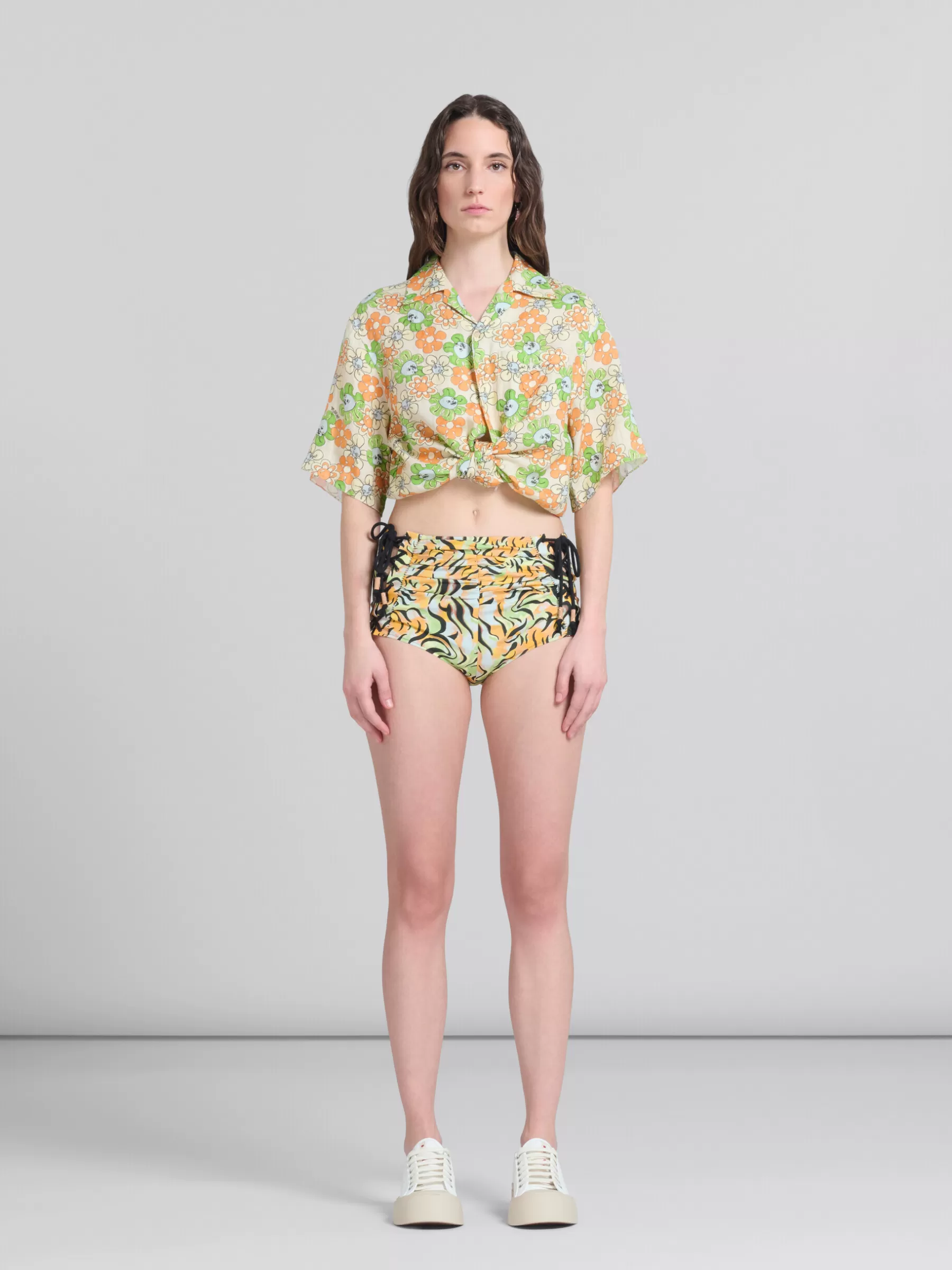 Marni Orange And Green Printed Organic Poplin Hot Pants LIGHTORANGE Hot