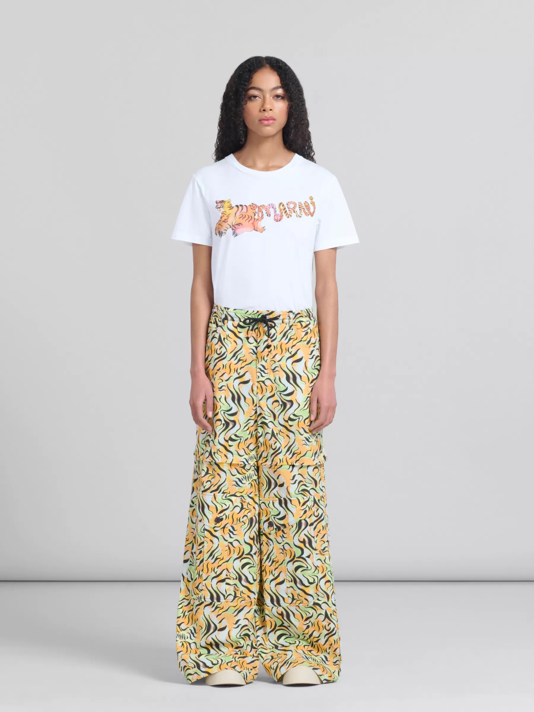 Marni Orange And Green Printed Organic Poplin Hybrid Cargo Pants LIGHTORANGE New