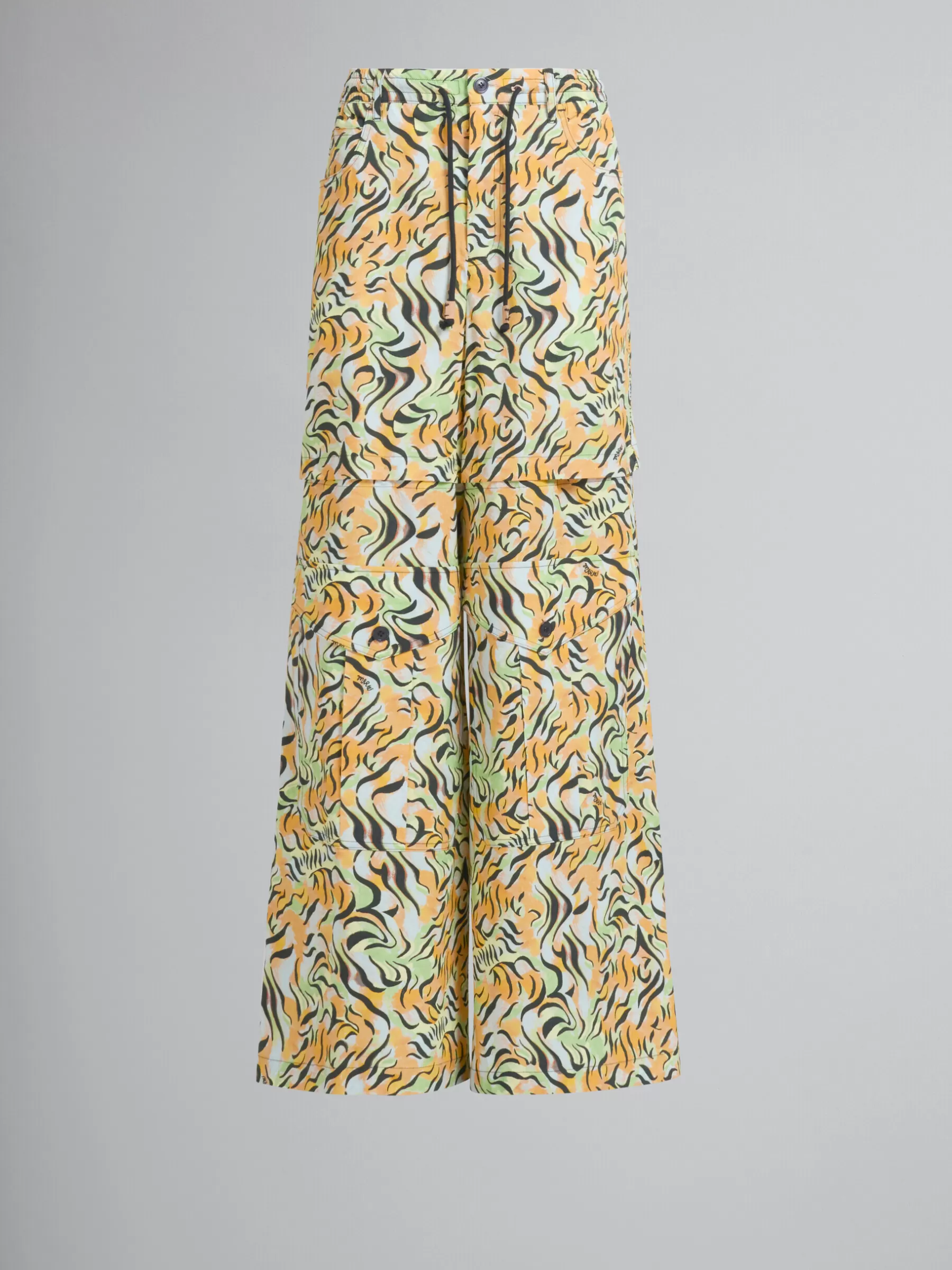 Marni Orange And Green Printed Organic Poplin Hybrid Cargo Pants LIGHTORANGE New