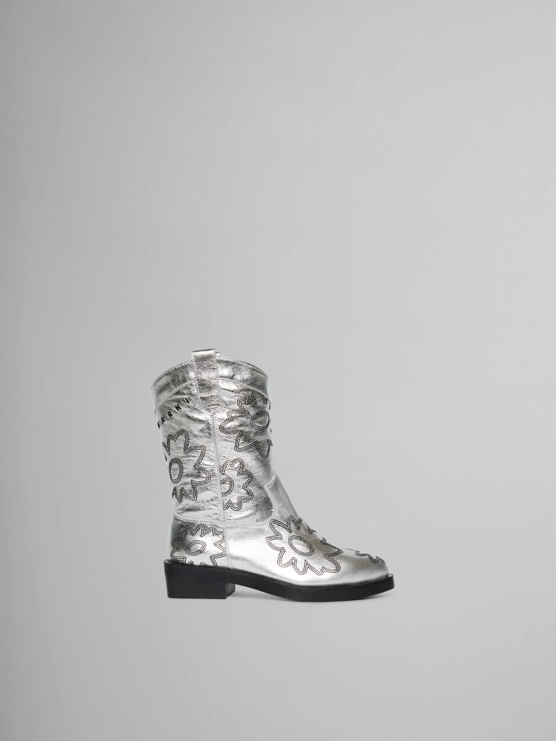 Marni Silver Leather Cowboy Boot With Embroidered Patch Detail SILVER/BLACK Best Sale