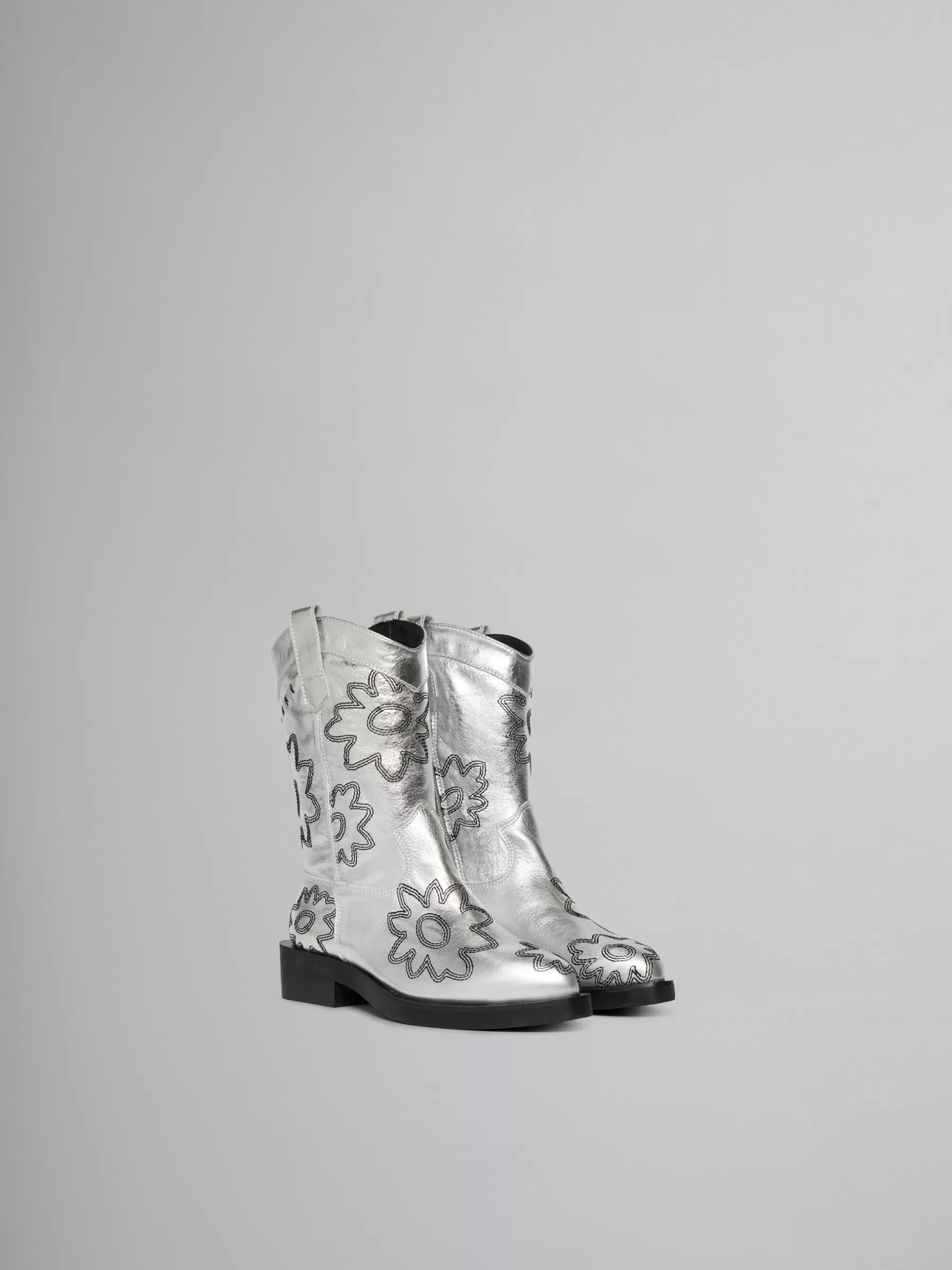 Marni Silver Leather Cowboy Boot With Embroidered Patch Detail SILVER/BLACK Best Sale