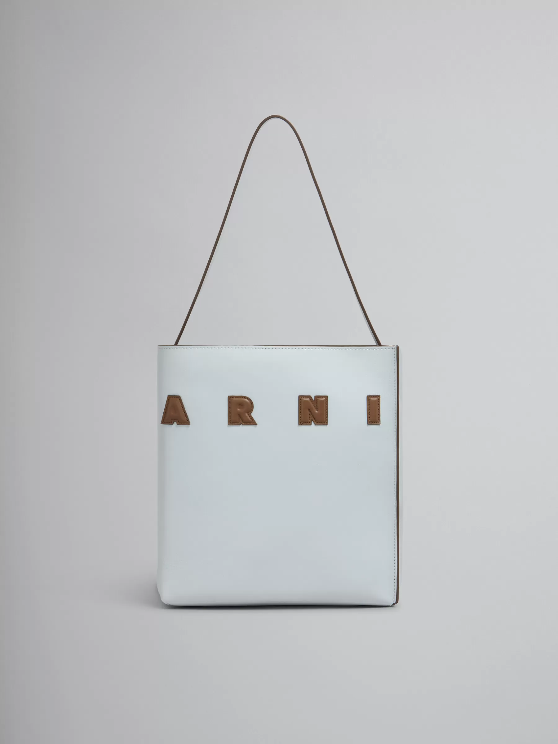 Marni Small Light Grey Leather Museo Hobo Bag With Logo FROST/CORK Best Sale