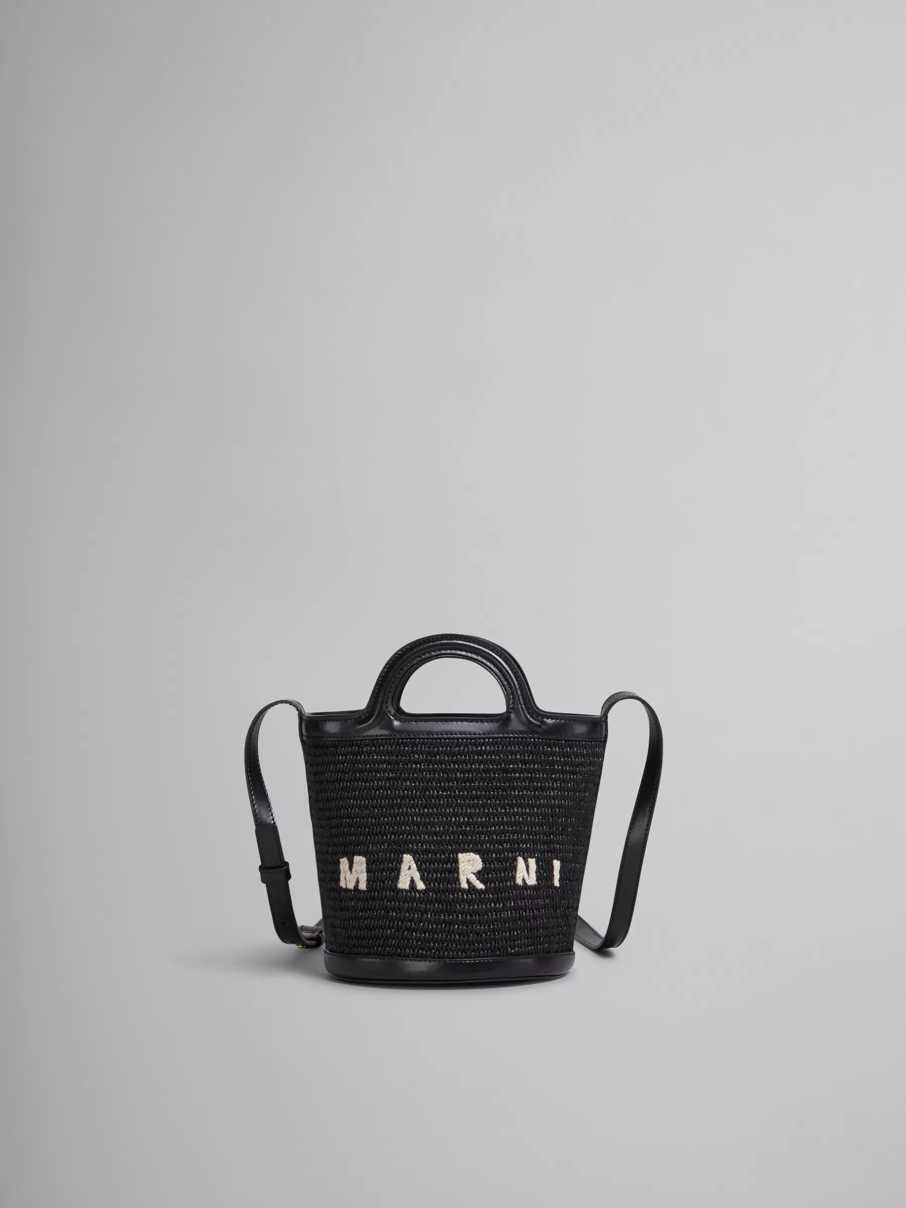 Marni Tropicalia Small Bucket Bag In Leather And Raffia-effect Fabric BLACK Online