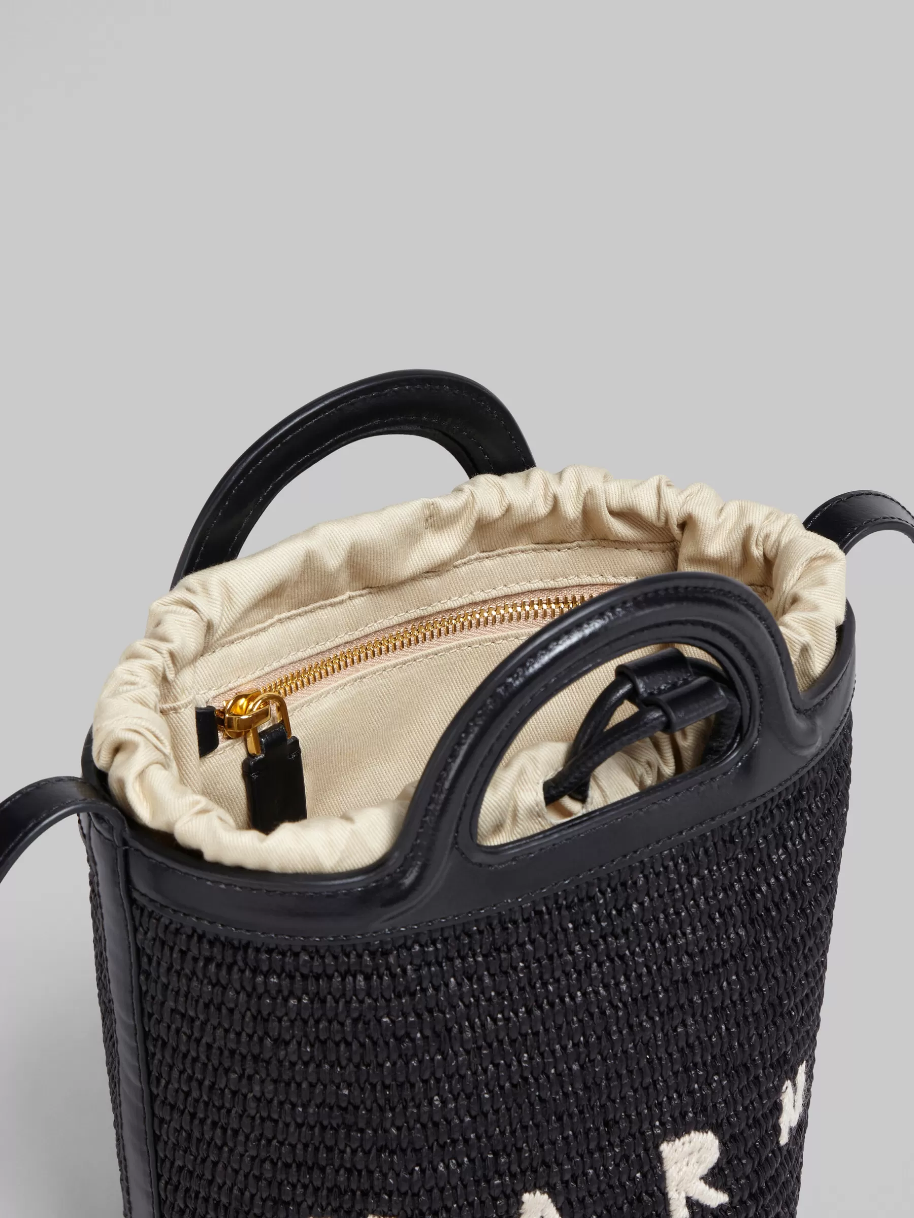 Marni Tropicalia Small Bucket Bag In Leather And Raffia-effect Fabric BLACK Online