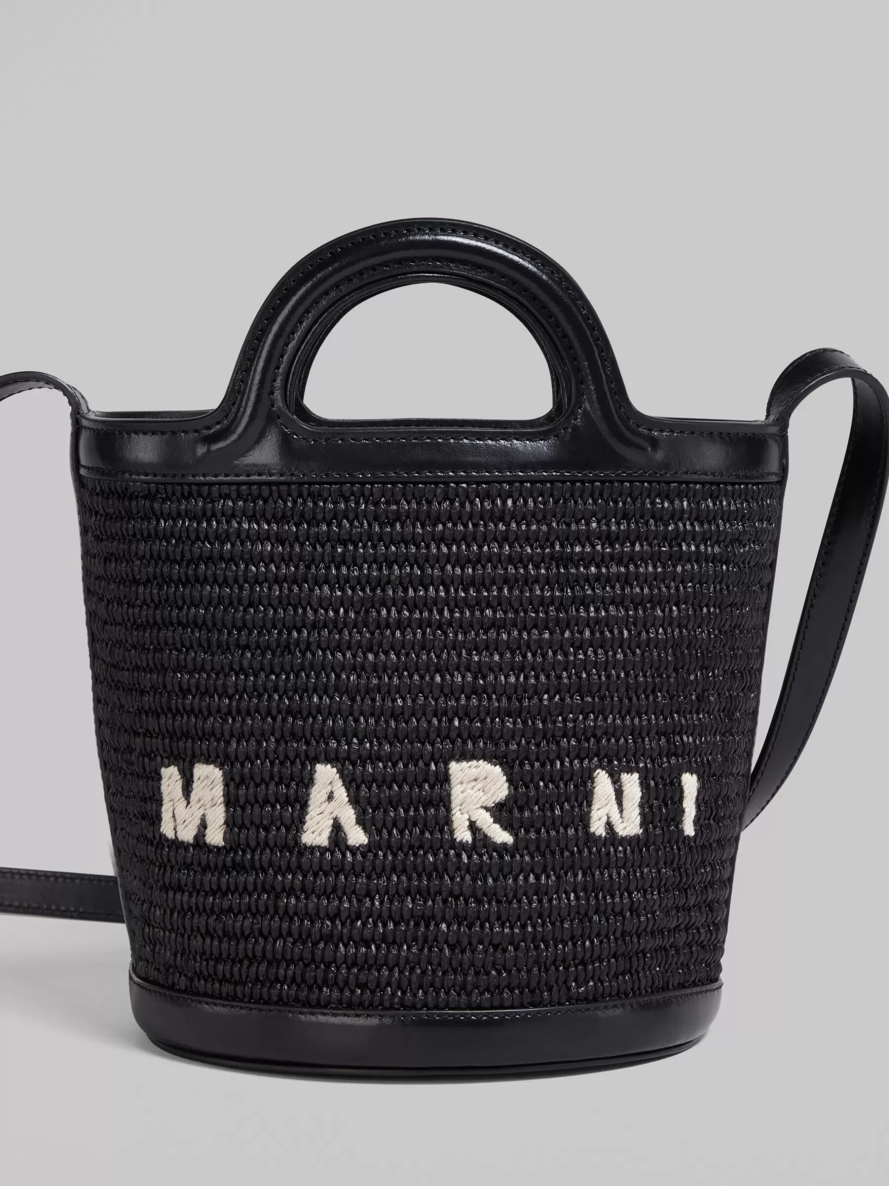 Marni Tropicalia Small Bucket Bag In Leather And Raffia-effect Fabric BLACK Online
