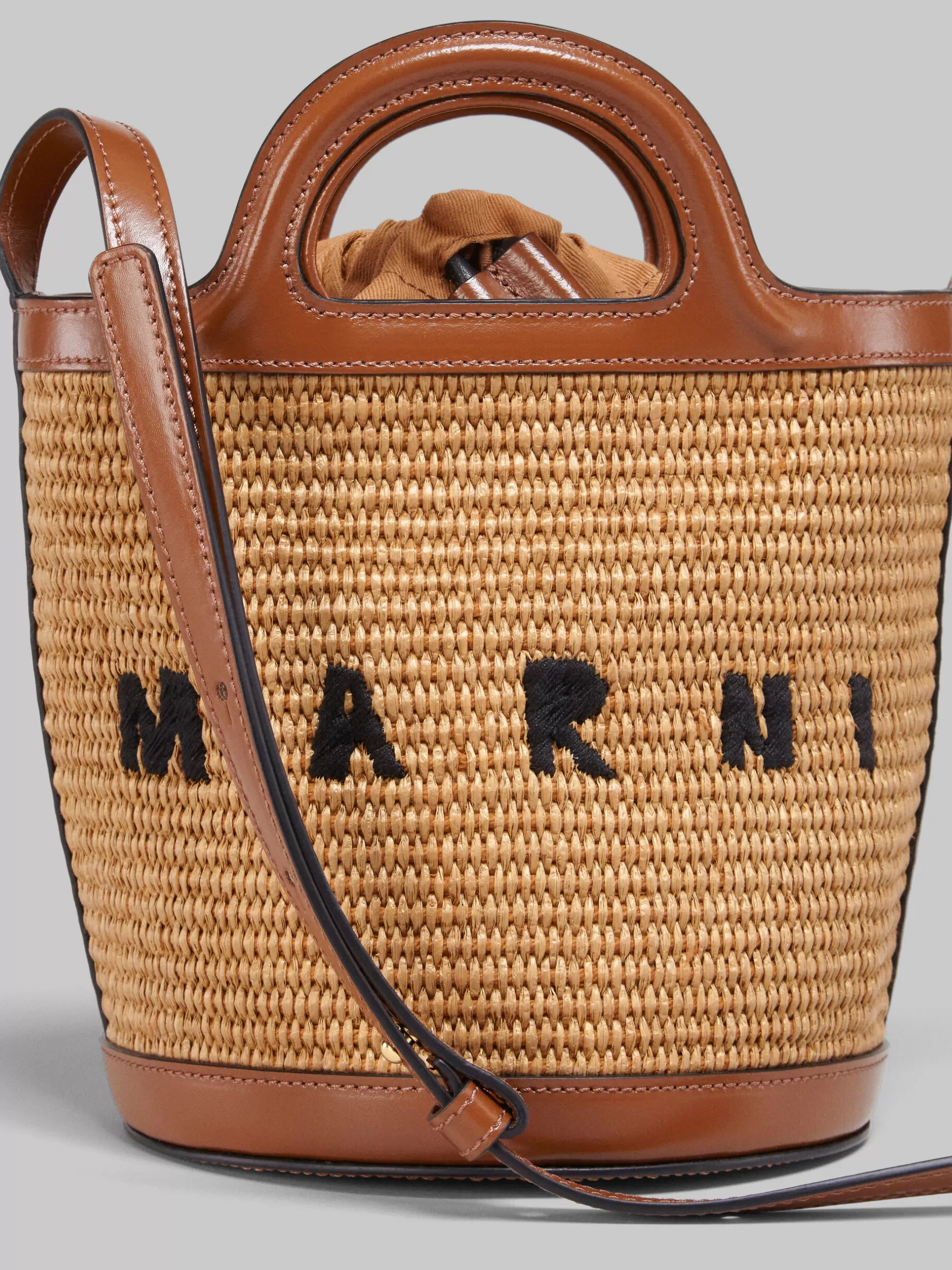 Marni Tropicalia Small Bucket Bag In Brown Leather And Raffia-effect Fabric RAWSIENNA Best