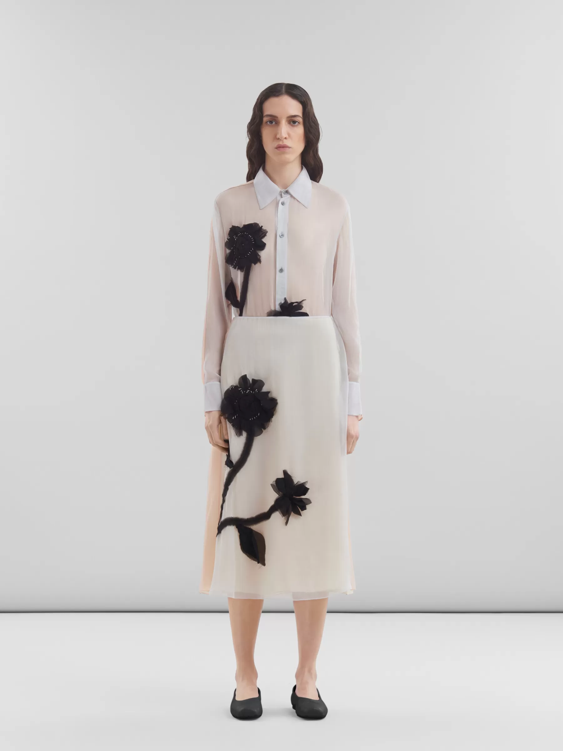 Marni White Chiffon Skirt With Flower Appliqués SODIUM Outlet