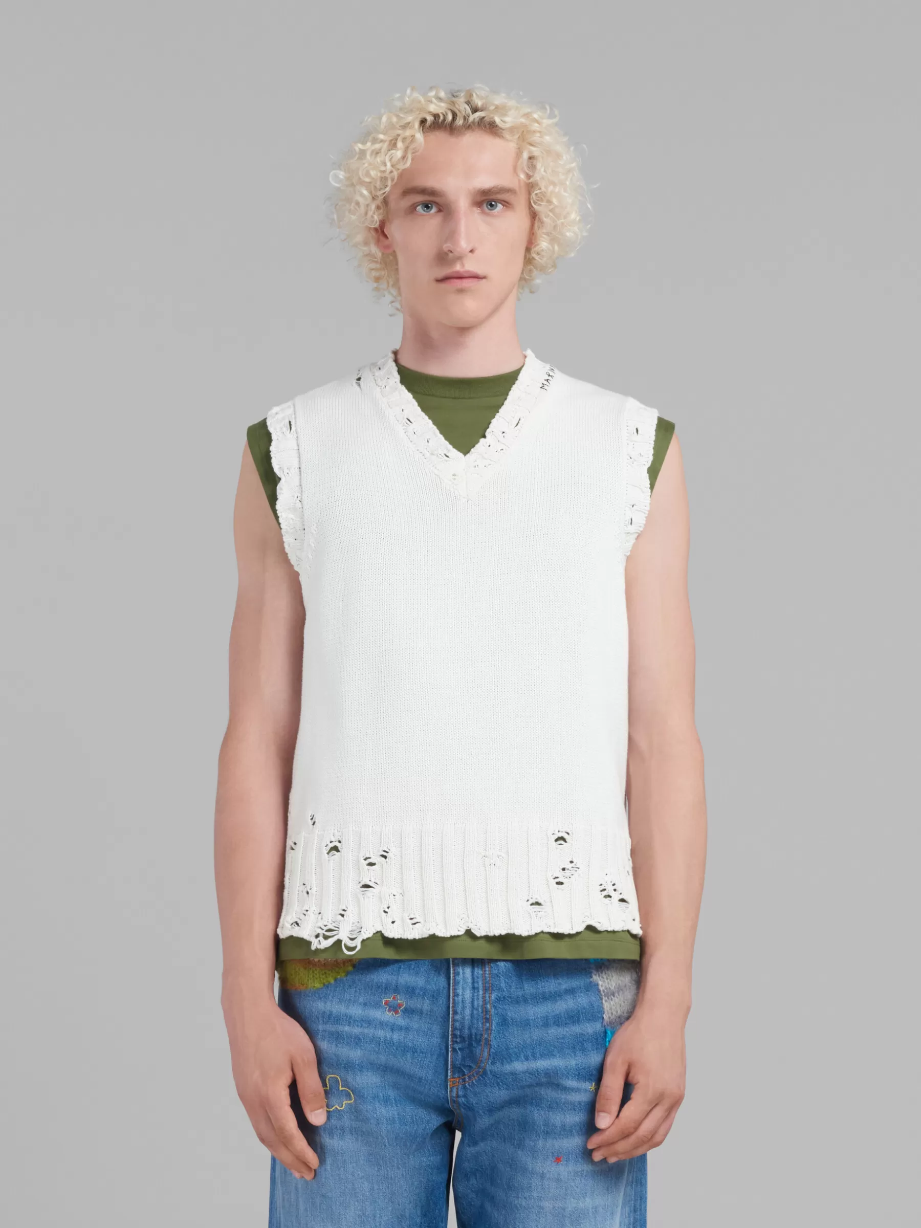 Marni White Cotton V-neck Vest LILYWHITE Outlet