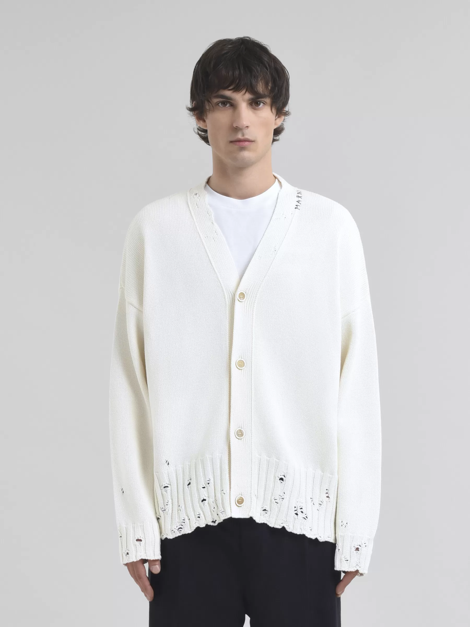 Marni White Dishevelled Cotton Cardigan With Mending LILYWHITE Hot
